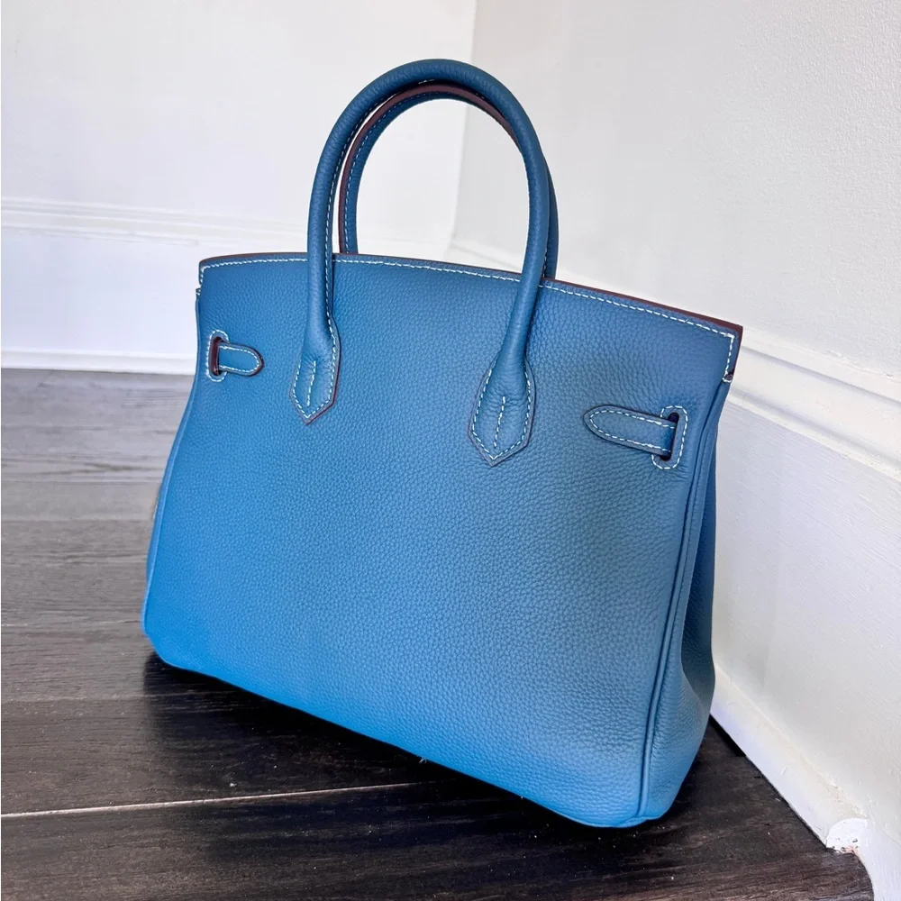 Blue Leather Top-Handle Satchel with Gold Hardware
